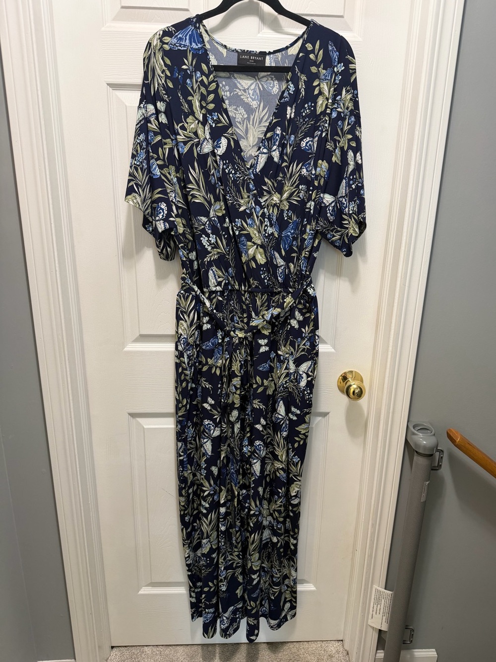 Lane Bryant Blue Butterfly Floral Tie-Waist Jersey Jumpsuit with Pockets - Picture 2 of 8